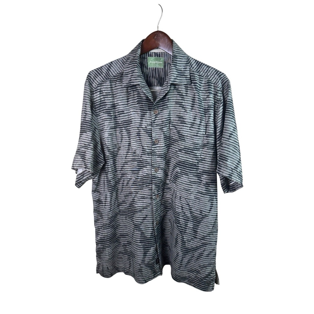 Tommy Bahama Silk Aloha Shirt All Over Leaf Geo Print Camp Shirt Medium